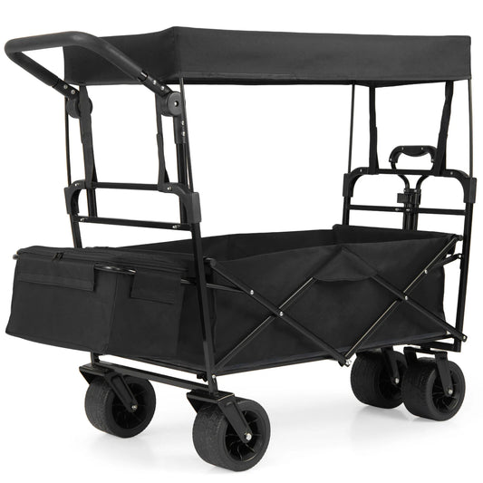 Collapsible Wagon with Removable Canopy and Adjustable Handles-Black