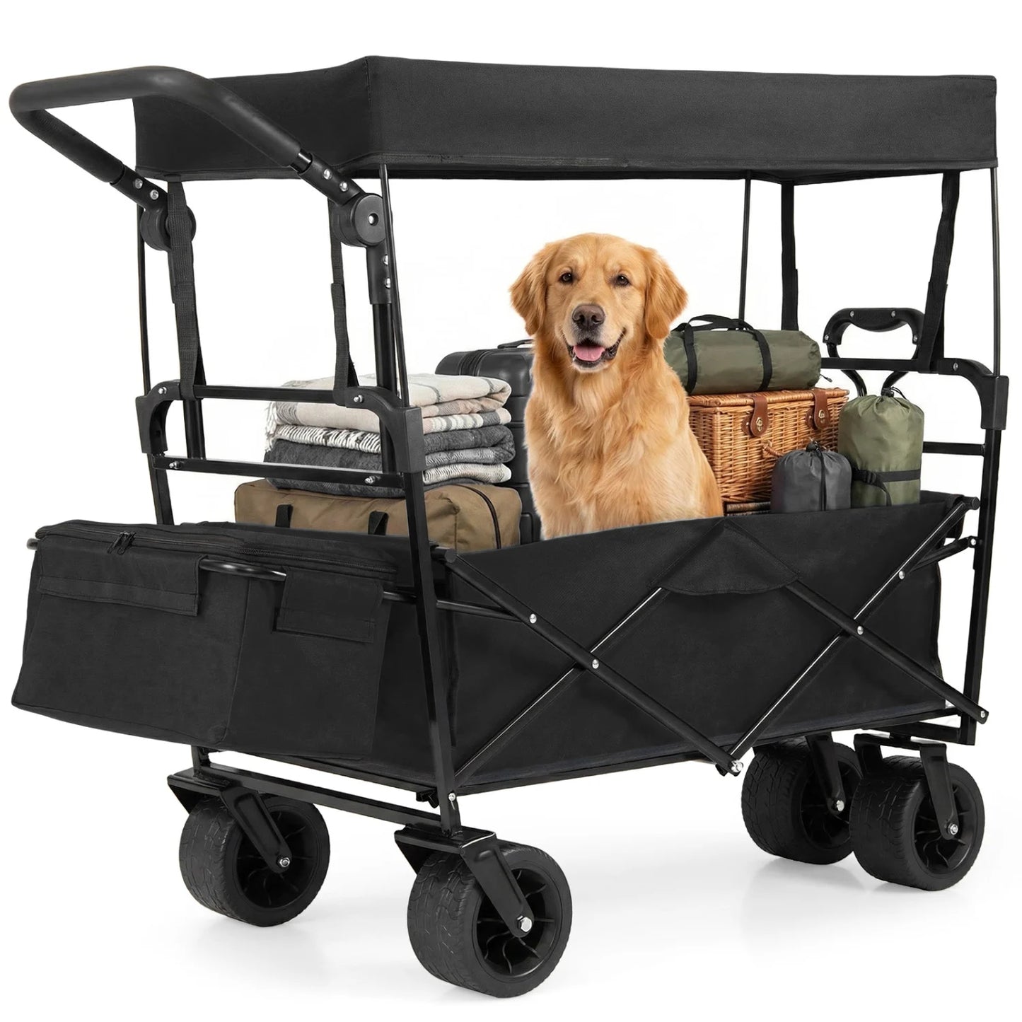 Collapsible Wagon with Removable Canopy and Adjustable Handles-Black