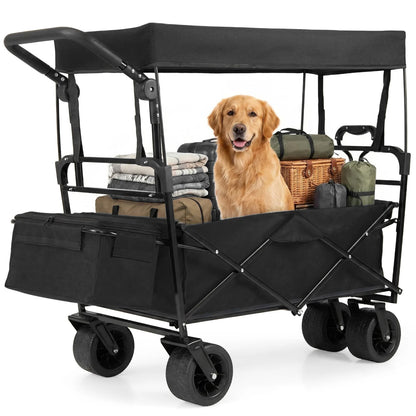 Collapsible Wagon with Removable Canopy and Adjustable Handles-Black