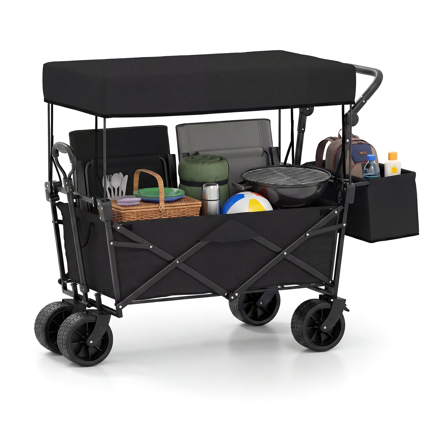 Collapsible Wagon with Removable Canopy and Detachable Storage Bag-Black