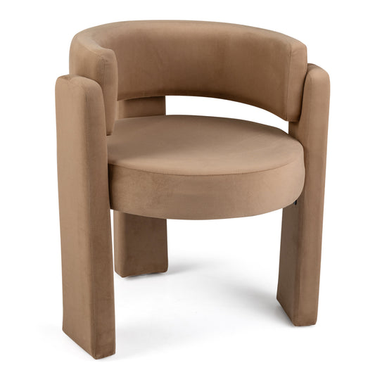 Comfortable upholstered velvet armchair with a modern khaki finish, featuring a barrel shape for accent seating in living rooms.