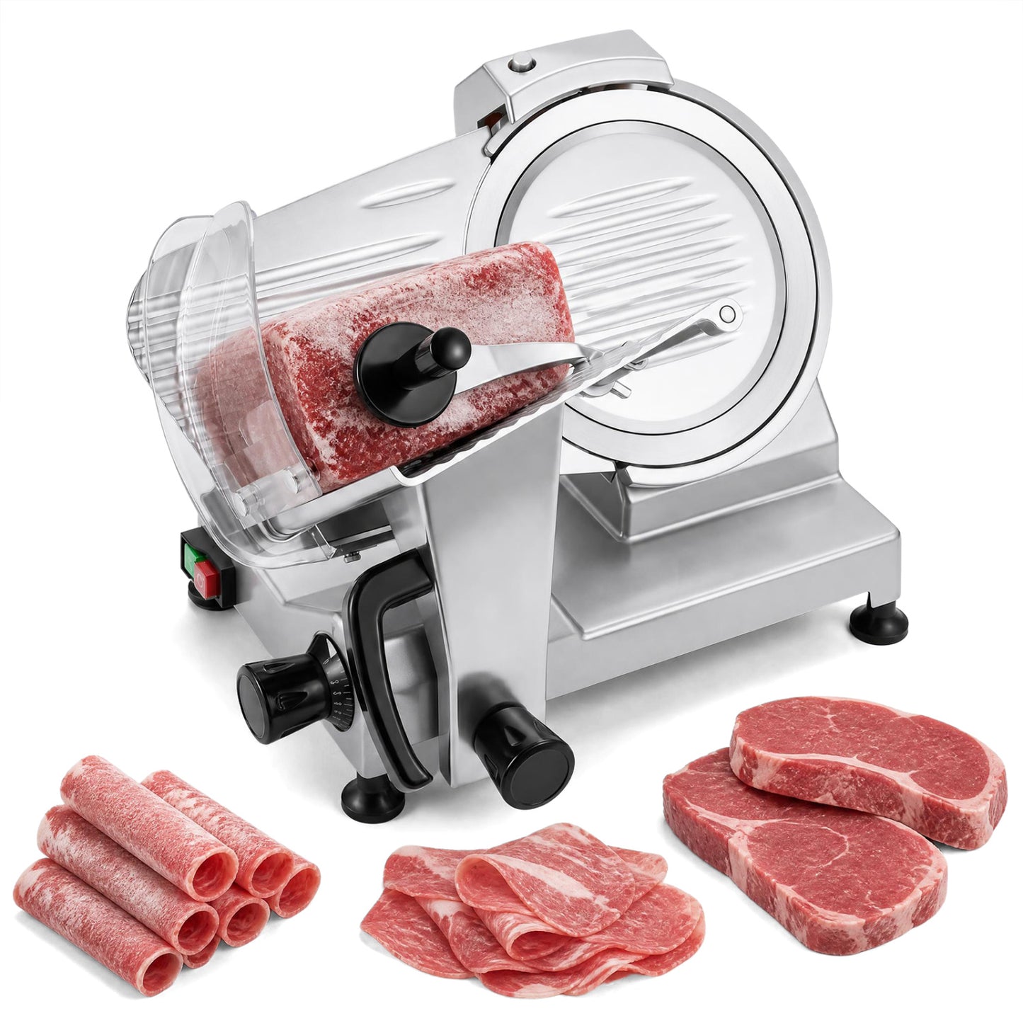 Commercial Meat Slicer with 10" Carbon Steel Blade and 0-0.47" Adjustable Thickness for Frozen Meat Cheese-Silver