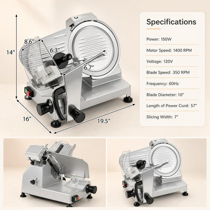 Commercial Meat Slicer with 10" Carbon Steel Blade and 0-0.47" Adjustable Thickness for Frozen Meat Cheese-Silver