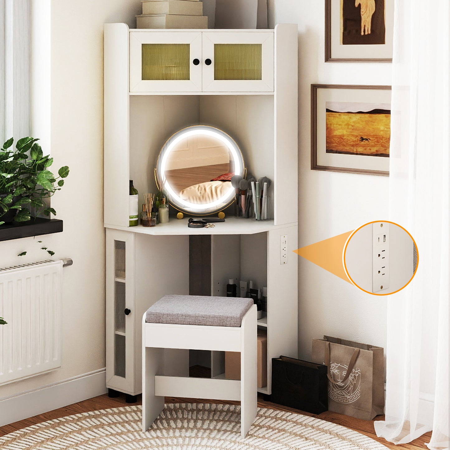 Compact Dressing Corner Vanity Desk with Mirror and Lights-White