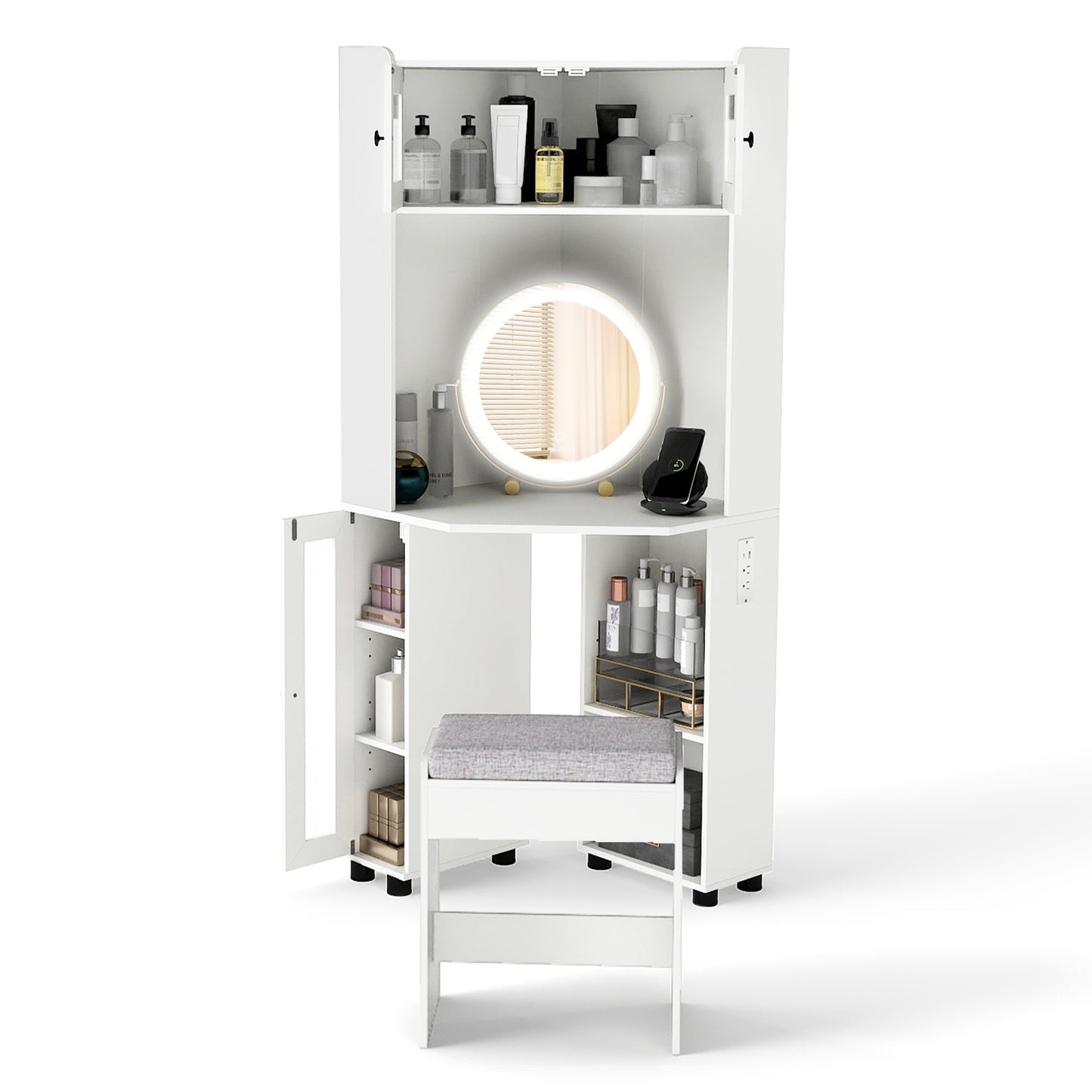 Compact Dressing Corner Vanity Desk with Mirror and Lights-White