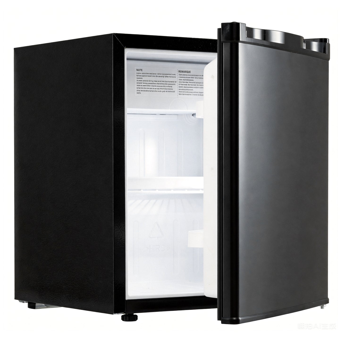 Black compact mini fridge with 7-level adjustable thermostat, ideal for kitchen or office use.