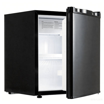 Black compact mini fridge with 7-level adjustable thermostat, ideal for kitchen or office use.