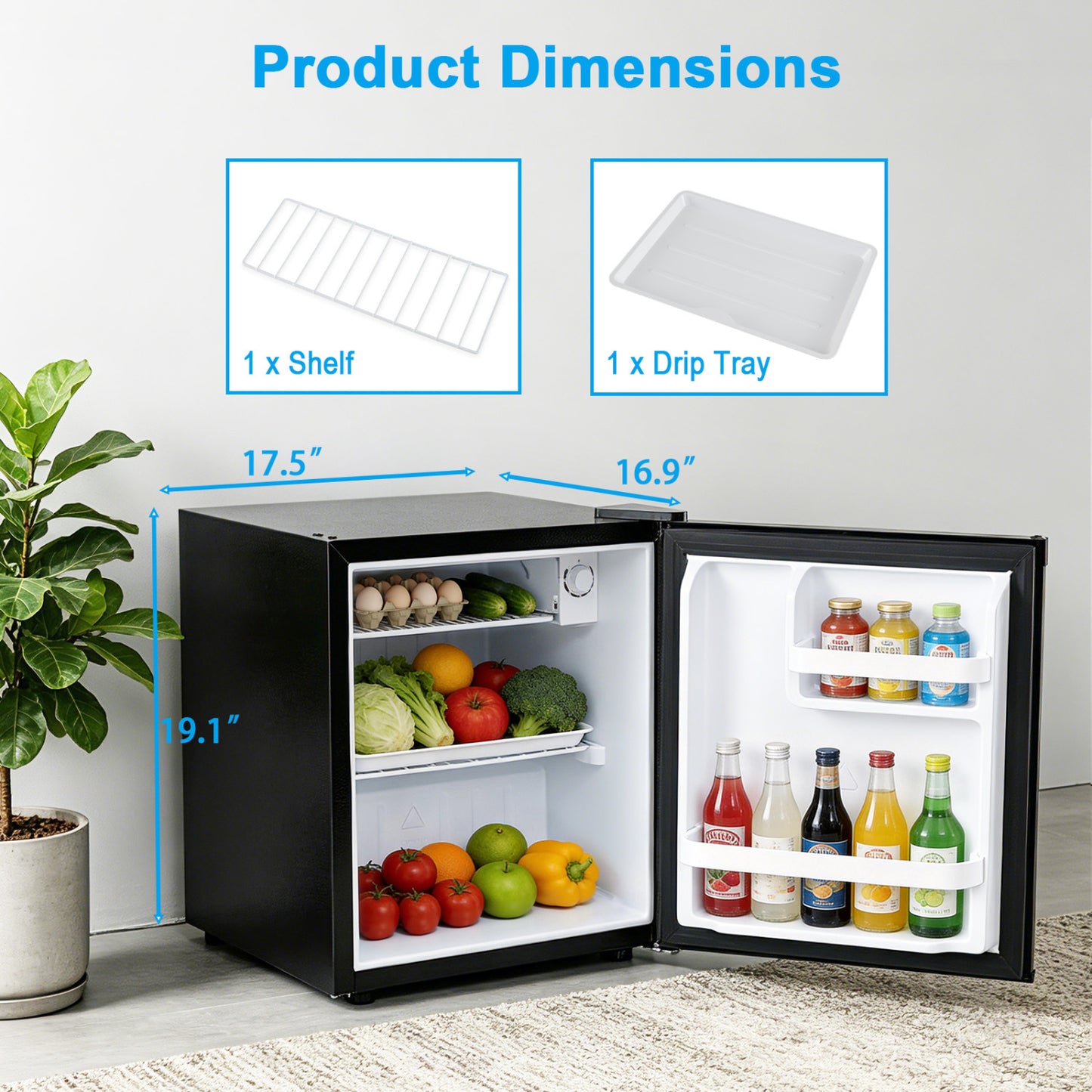 Black compact mini fridge with 7-level adjustable thermostat, ideal for kitchen or office storage appliances.