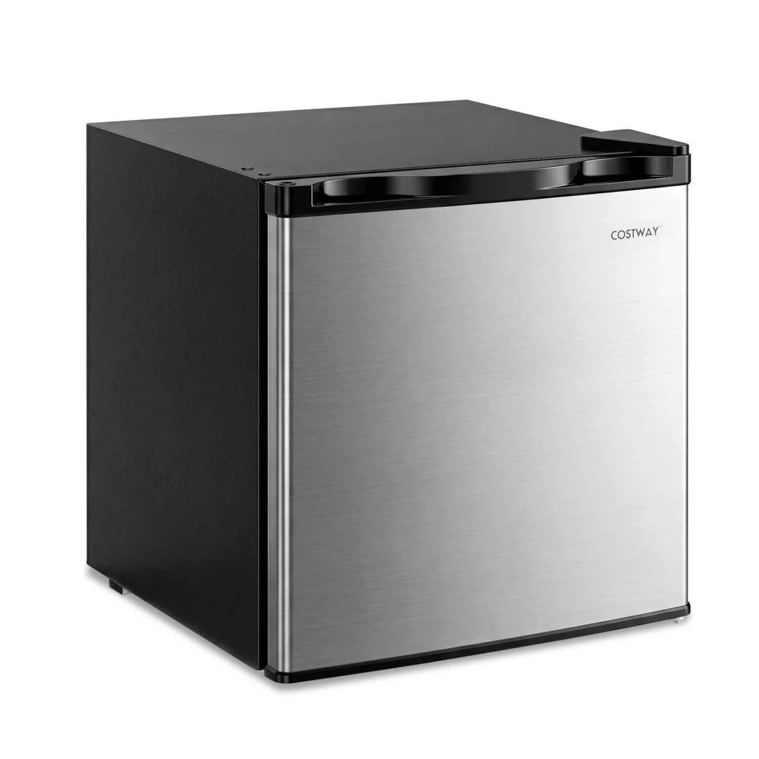Black compact mini fridge with 7-level adjustable thermostat, ideal for kitchen or office use.