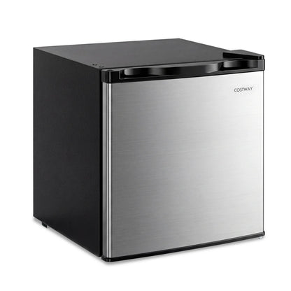 Black compact mini fridge with 7-level adjustable thermostat, ideal for kitchen or office use.