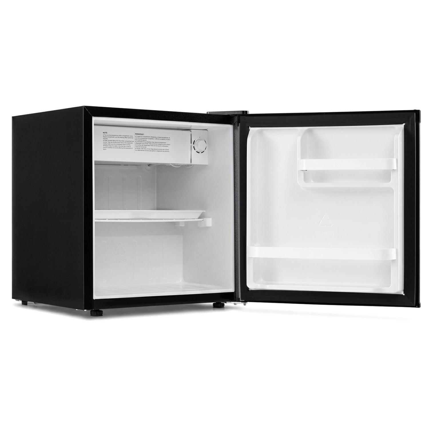 Black compact mini fridge with 7-level adjustable thermostat, ideal for kitchen appliances and small refrigerator needs.
