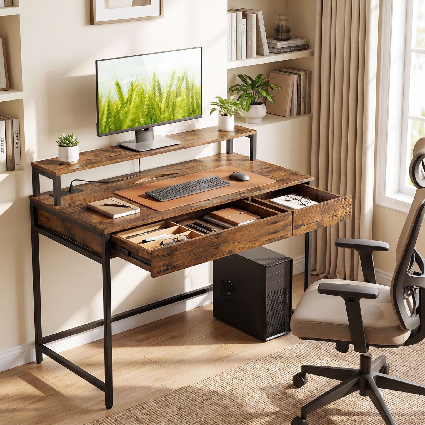 Rustic brown compact office desk with removable monitor shelf and dual-use drawer, ideal for home office workspace.