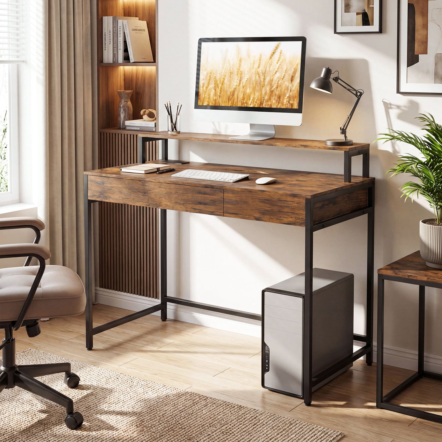 Rustic brown compact office desk with removable monitor shelf and dual-use drawer, ideal for home office setup.