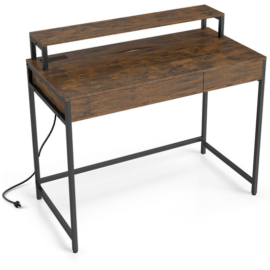 Compact Office Desk with Removable Monitor Shelf and Dual-use Drawer-Rustic Brown