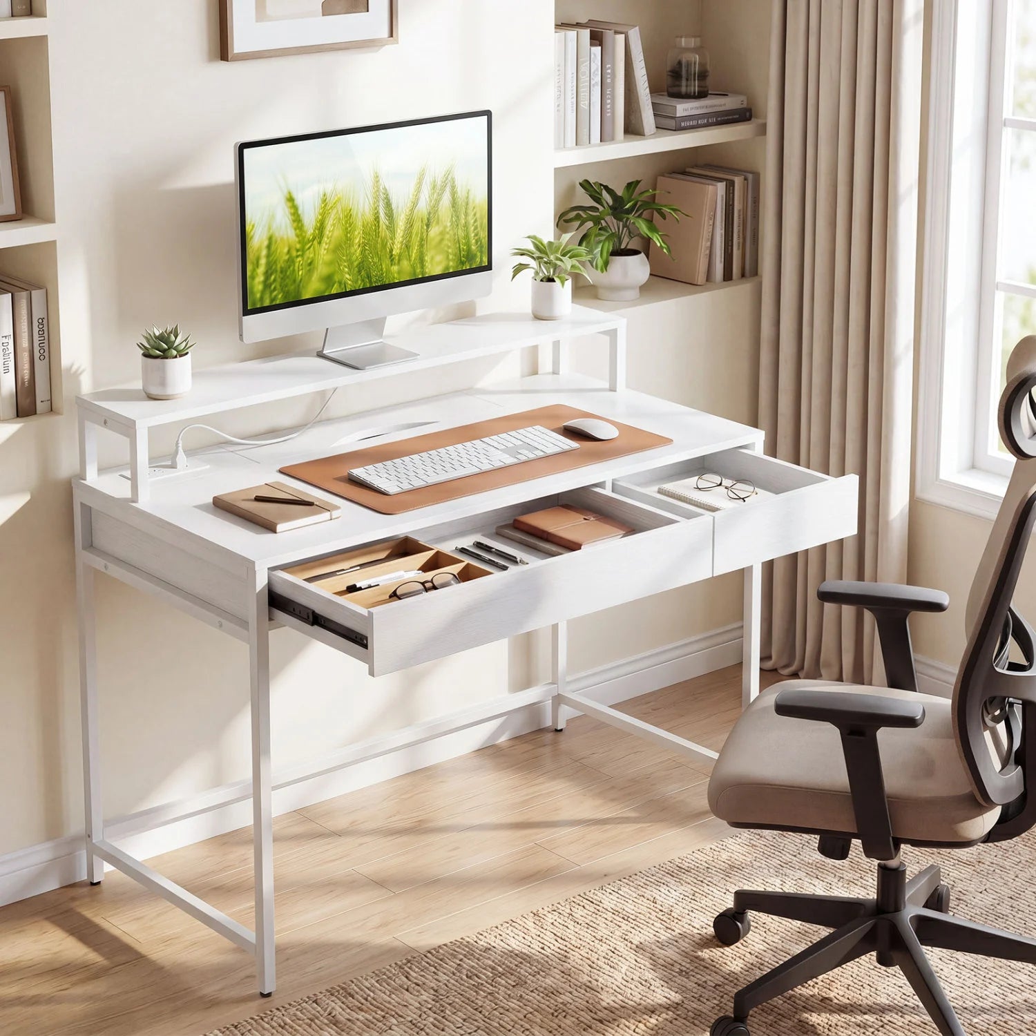 Rustic brown compact office desk with removable monitor shelf and dual-use drawer, ideal for home office setup.