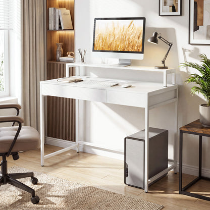 Rustic brown compact office desk with removable monitor shelf and dual-use drawer, ideal for home office setup.