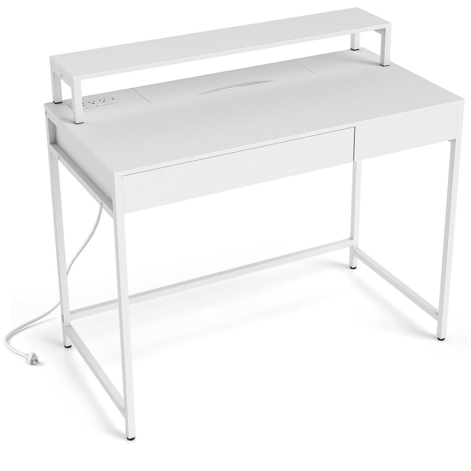 Rustic brown compact office desk with removable monitor shelf and dual-use drawer, ideal for home office spaces.