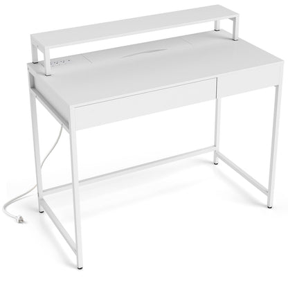 Rustic brown compact office desk with removable monitor shelf and dual-use drawer, ideal for home office spaces.