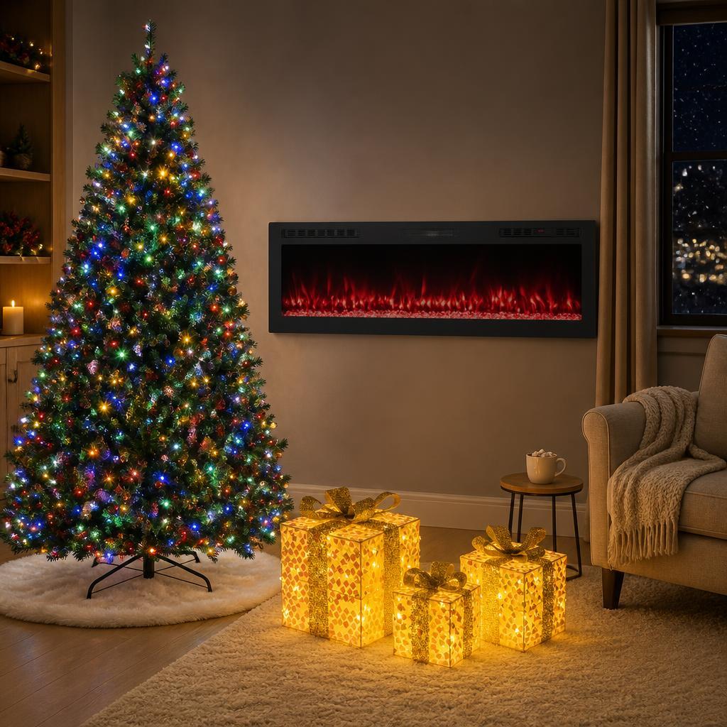 Complete Holiday Living Room Decor Set- Includes 60" Smart WiFi Electric Fireplace  7ft Artificial Christmas Tree & Set of 3 Lighted Gift Boxes