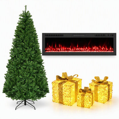 Complete Holiday Living Room Decor Set- Includes 60" Smart WiFi Electric Fireplace  7ft Artificial Christmas Tree & Set of 3 Lighted Gift Boxes