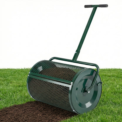 Compost Spreader 24 Inch Peat Moss Spreader Roller with Height-adjustable T-shape Handle-Black