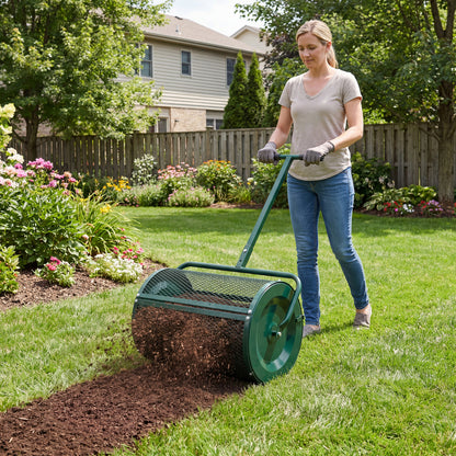 Compost Spreader 24 Inch Peat Moss Spreader Roller with Height-adjustable T-shape Handle-Black