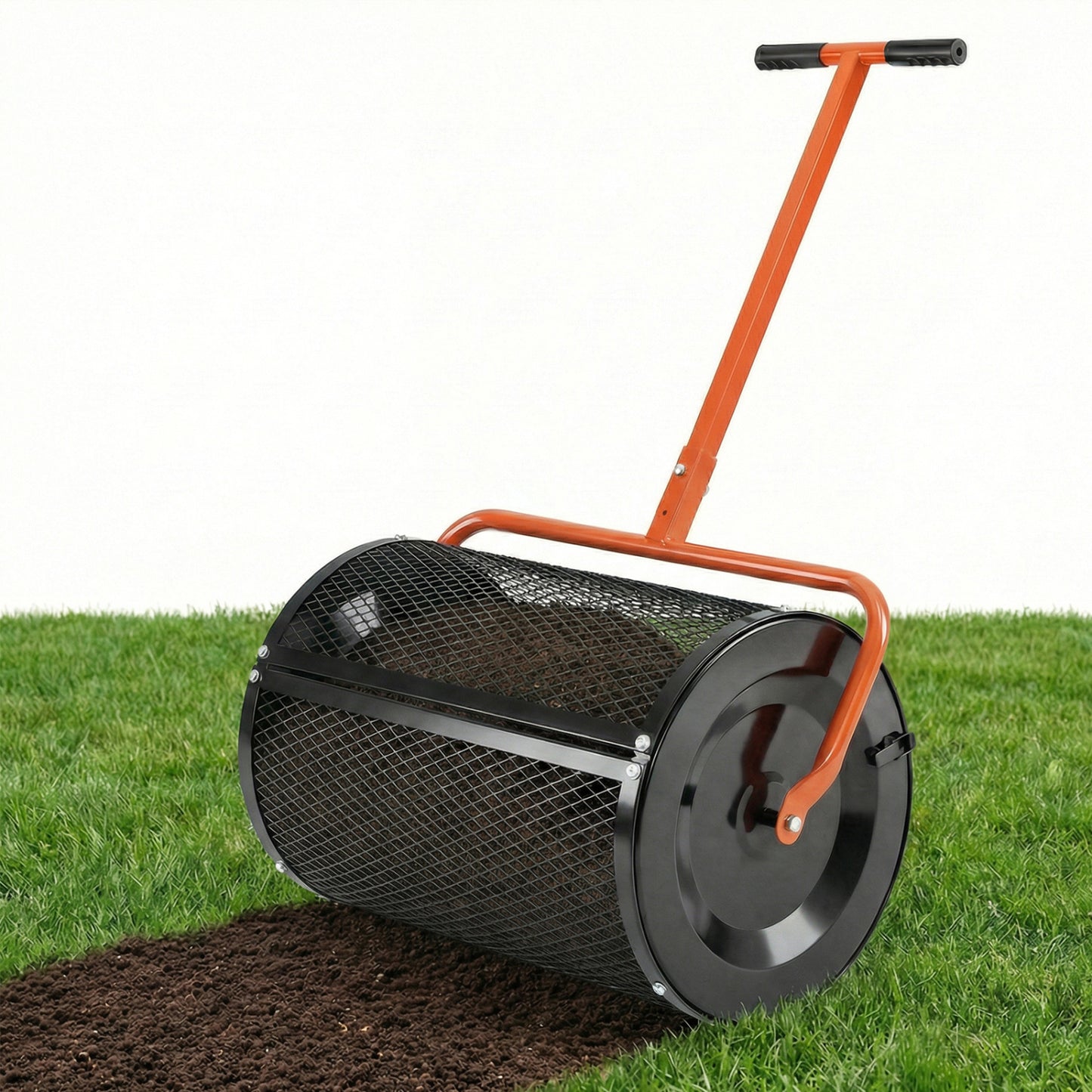 Compost Spreader 24 Inch Peat Moss Spreader Roller with Height-adjustable T-shape Handle-Black