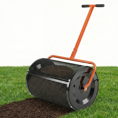 Compost Spreader 24 Inch Peat Moss Spreader Roller with Height-adjustable T-shape Handle-Black