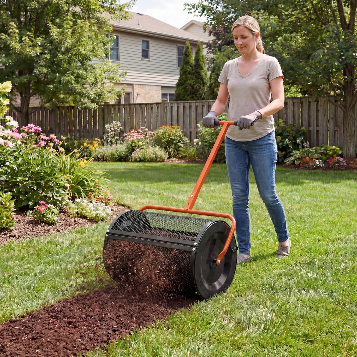 Compost Spreader 24 Inch Peat Moss Spreader Roller with Height-adjustable T-shape Handle-Black
