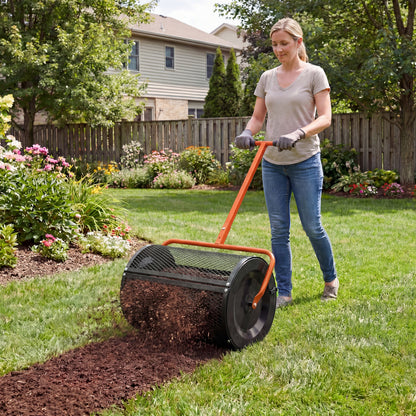 Compost Spreader 24 Inch Peat Moss Spreader Roller with Height-adjustable T-shape Handle-Black