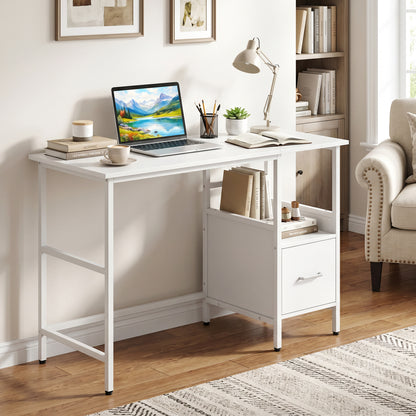 Modern white computer desk by Wilsons Home Store with open shelf and storage drawer for home office organization