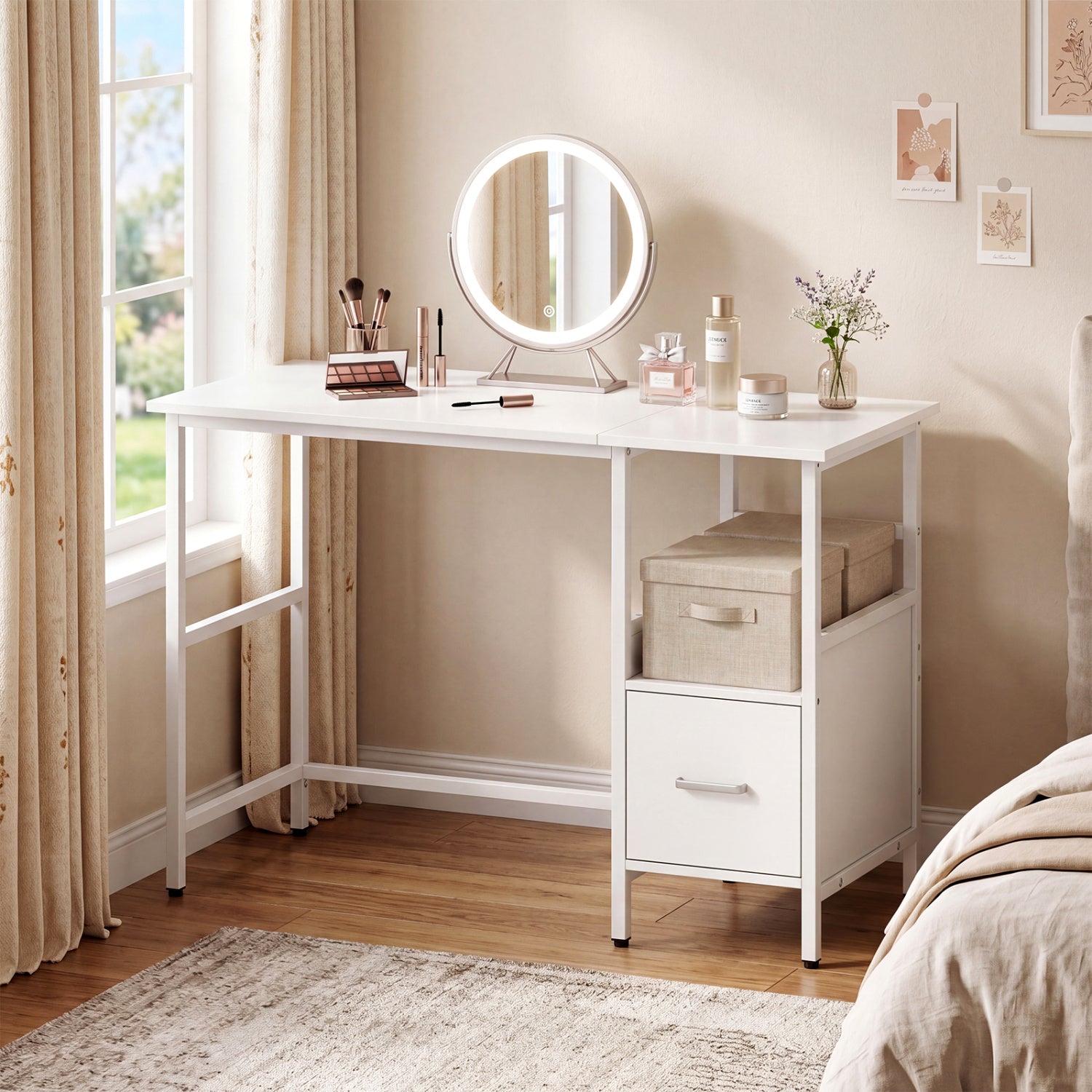 Modern white computer desk with open shelf and storage drawer, ideal for home office use.