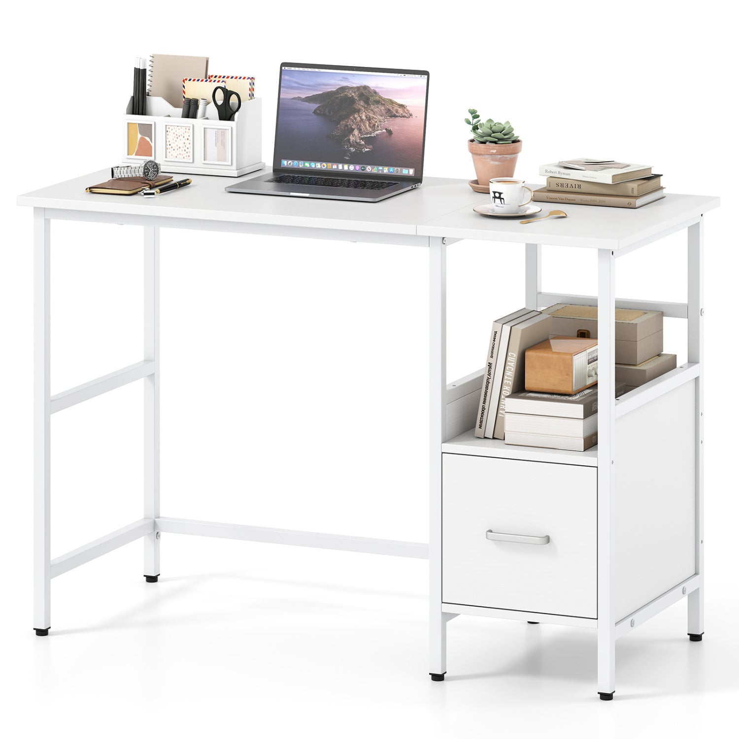 Modern white computer desk with open shelf and storage drawer, ideal for home office workspace.