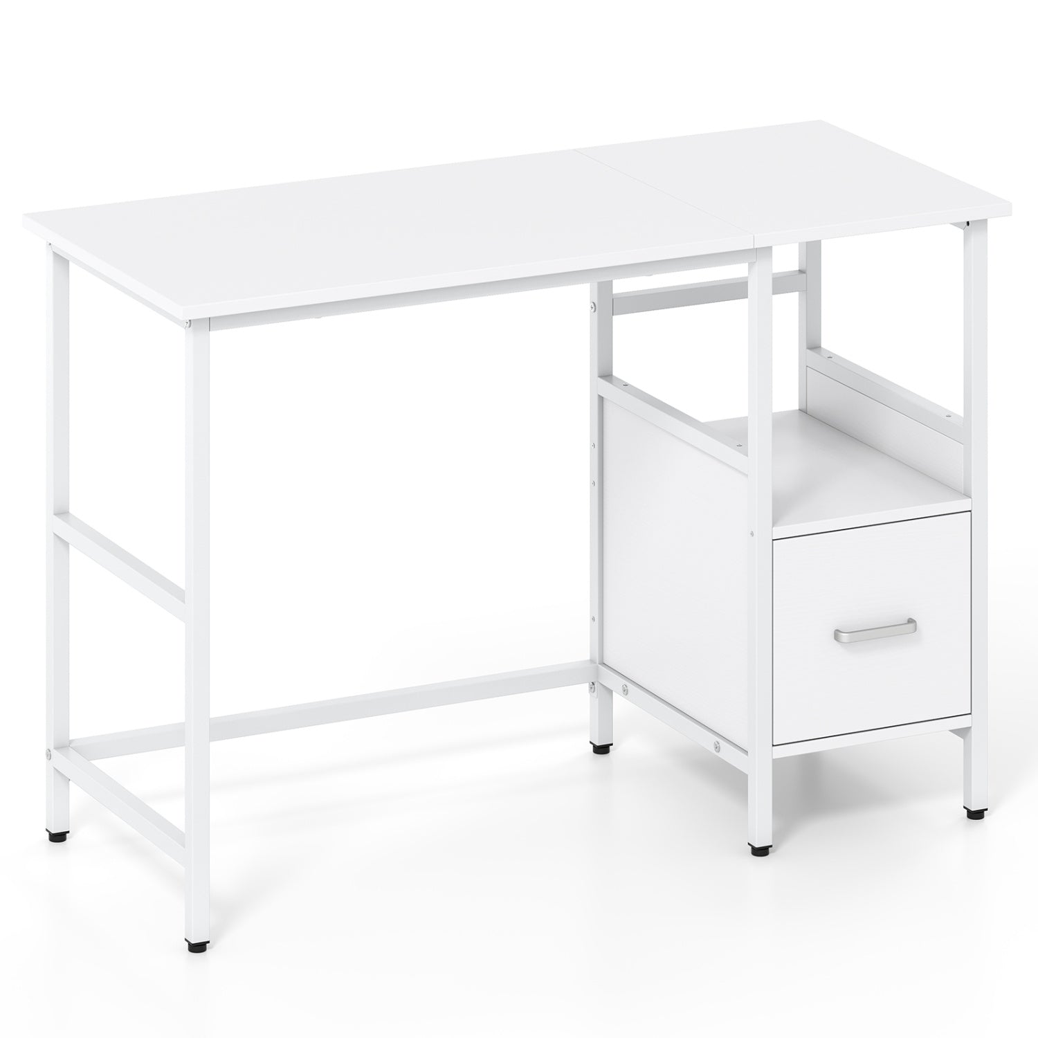 Modern white computer desk with open shelf and storage drawer, ideal for home office setups.