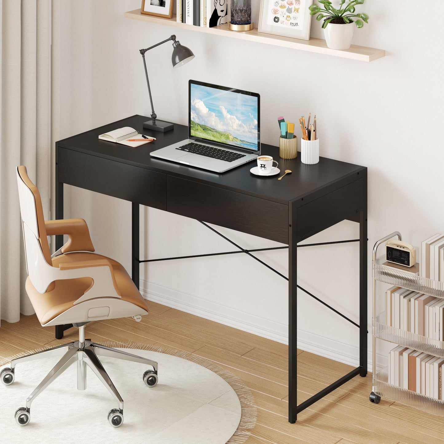 Computer Desk with 2 Drawers 44 Inch Home Office Desk with Metal Frame-Black
