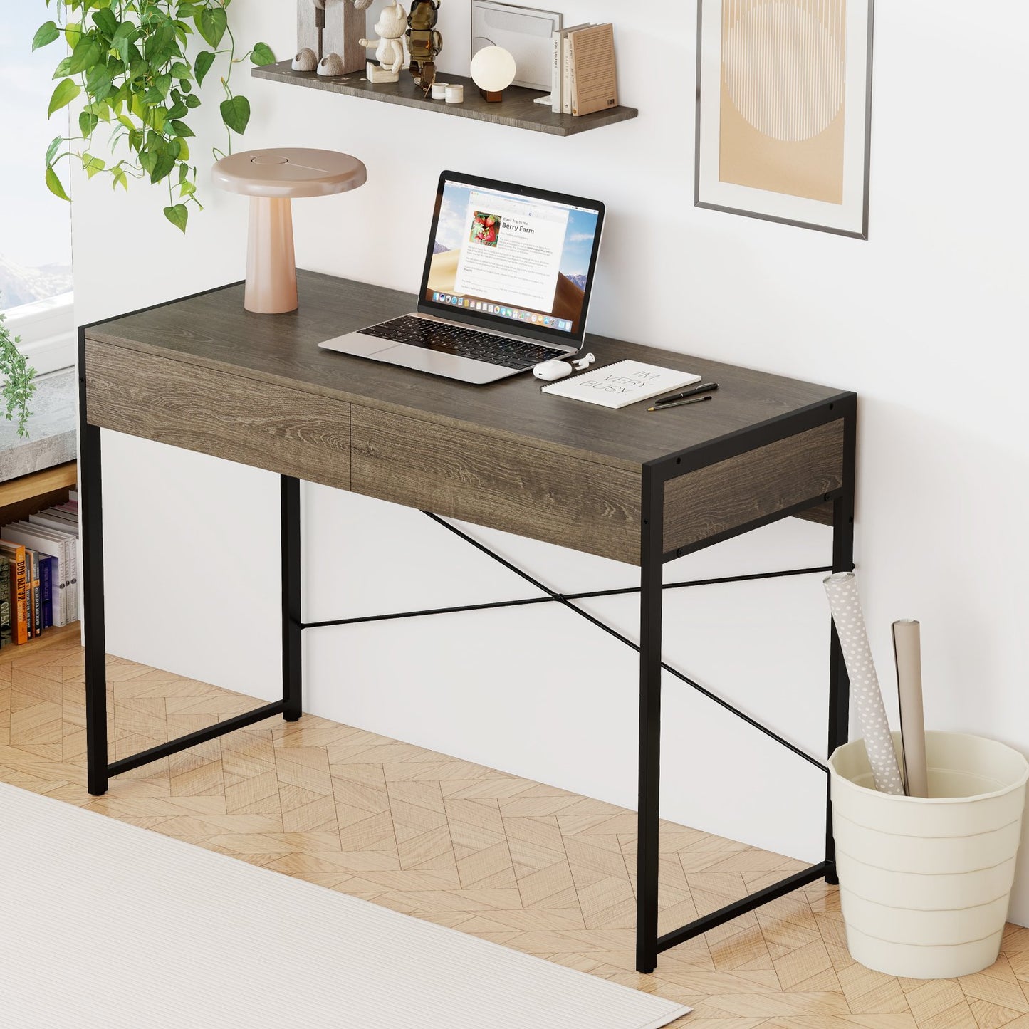 Computer Desk with 2 Drawers 44 Inch Home Office Desk with Metal Frame-Black