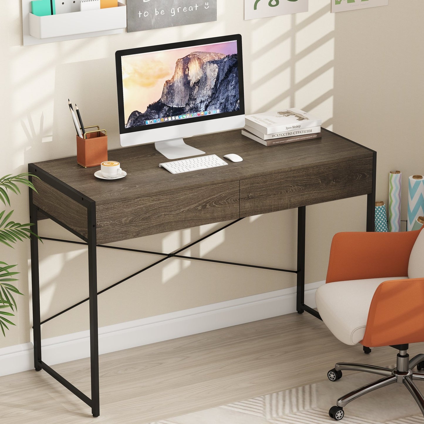 Computer Desk with 2 Drawers 44 Inch Home Office Desk with Metal Frame-Black