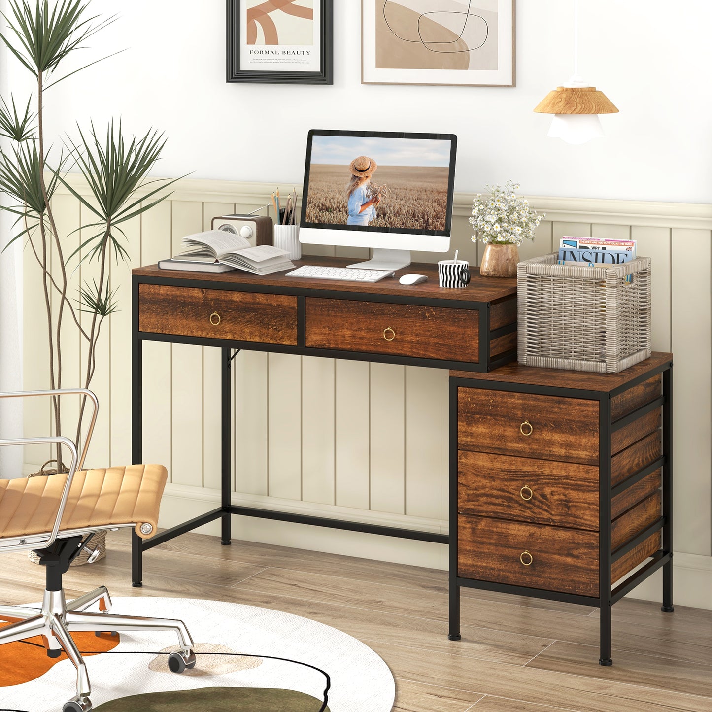 Computer Desk with 5 Drawers Home Office Desk with Side File Cabinet-Grey