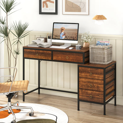 Computer Desk with 5 Drawers Home Office Desk with Side File Cabinet-Grey