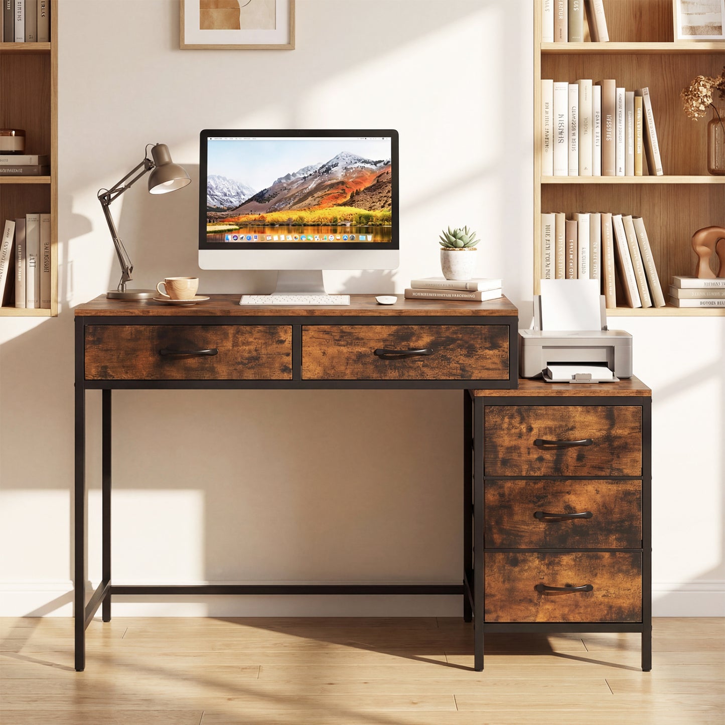 Computer Desk with 5 Drawers and Printer Stand for Bedroom and Small Spaces-Oak