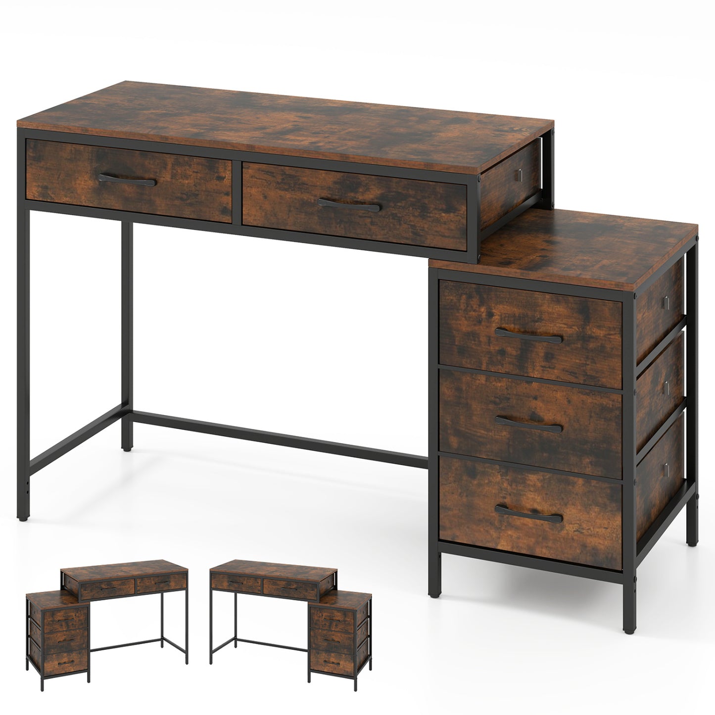 Computer Desk with 5 Drawers and Printer Stand for Bedroom and Small Spaces-Oak