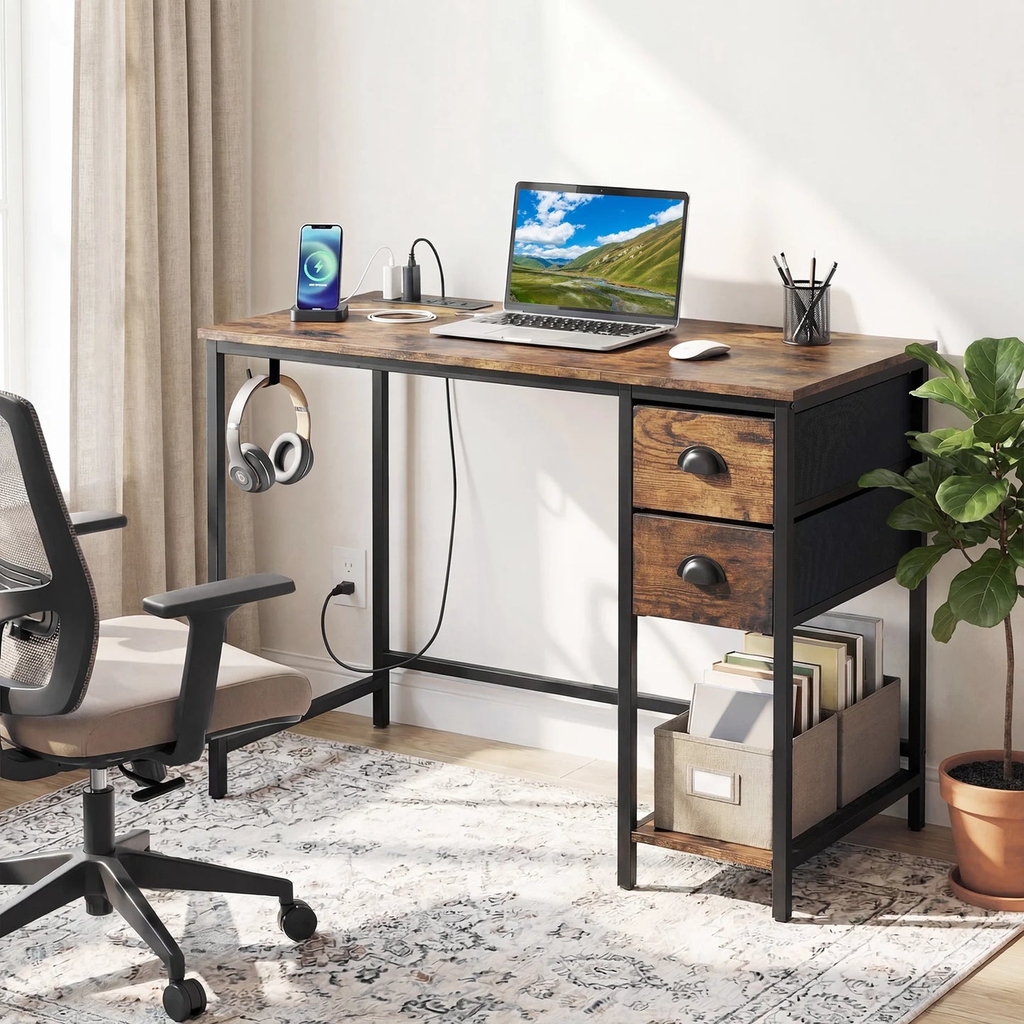 Computer Desk with Charging Station and 2 Fabric Drawers for Small Spaces-Black