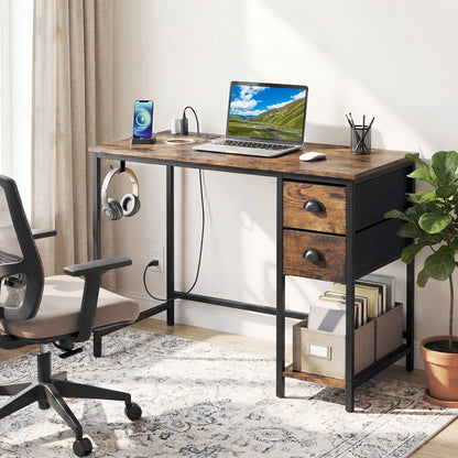 Computer Desk with Charging Station and 2 Fabric Drawers for Small Spaces-Black