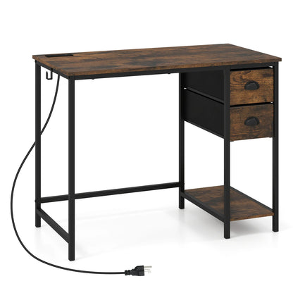 Computer Desk with Charging Station and 2 Fabric Drawers for Small Spaces-Black
