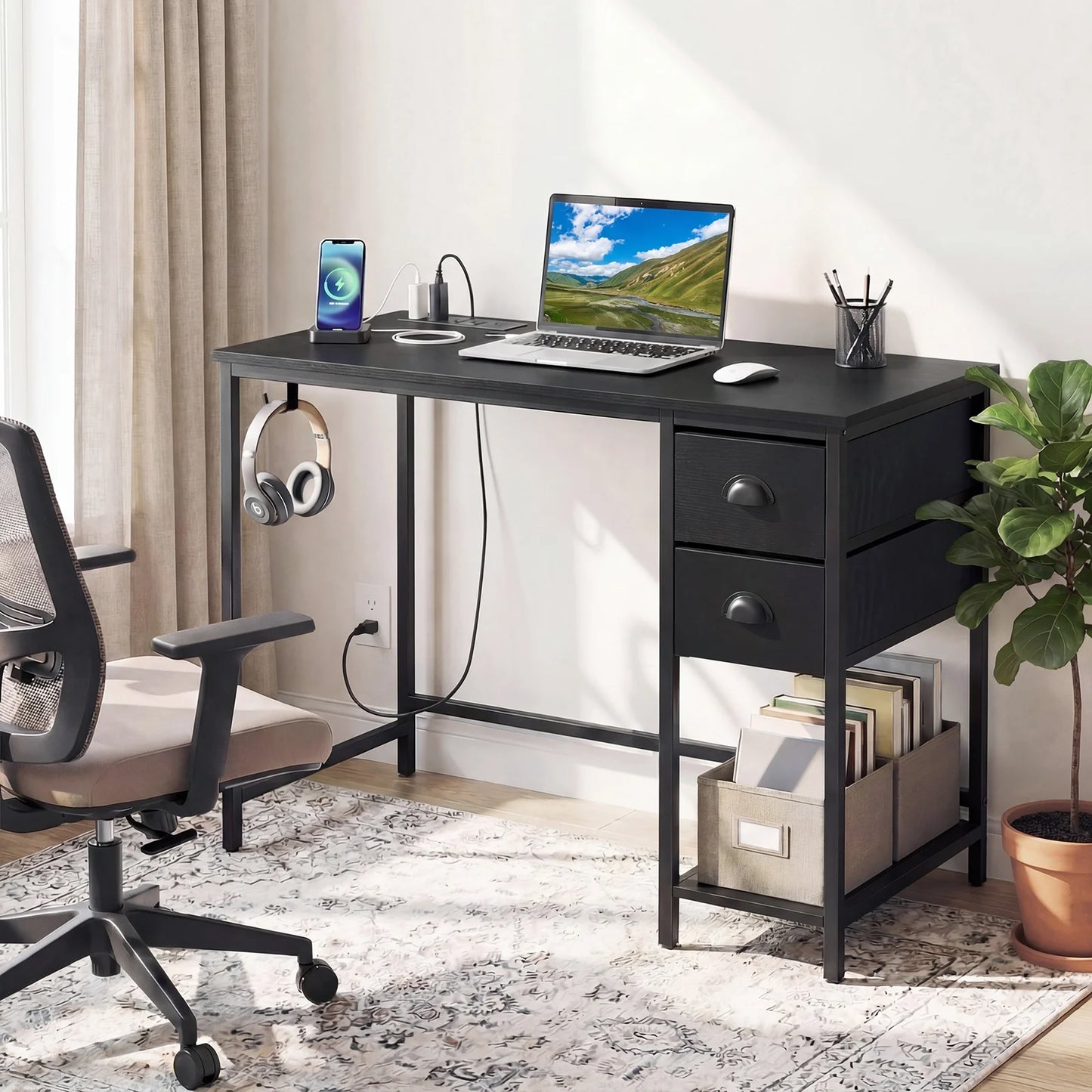 Computer Desk with Charging Station and 2 Fabric Drawers for Small Spaces-Black