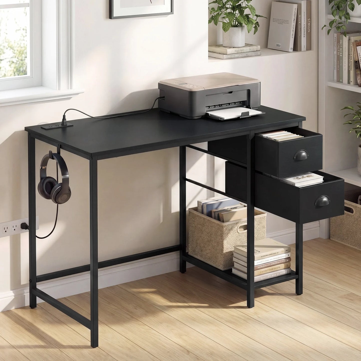 Computer Desk with Charging Station and 2 Fabric Drawers for Small Spaces-Black