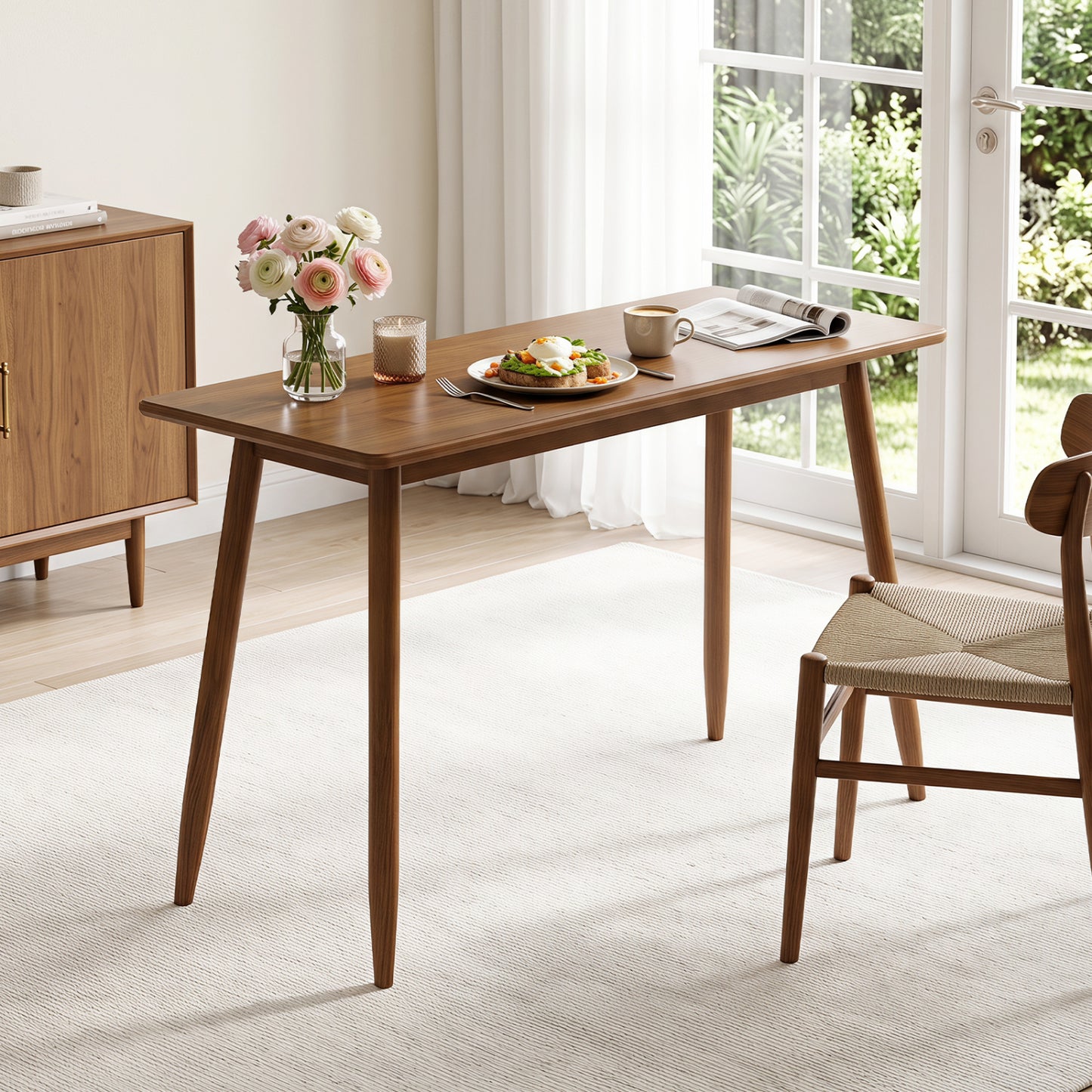 Computer Desk with Rubber Wood Legs Wooden Writing Desk with Spacious Tabletop-Walnut