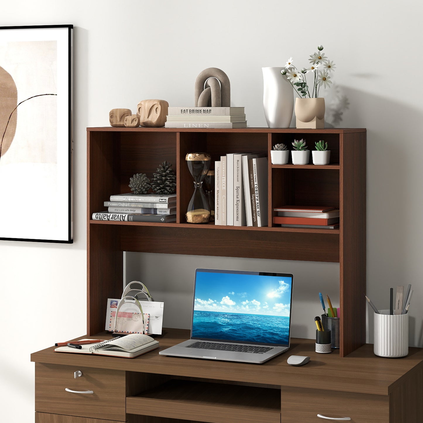 Computer Desktop Bookcase with 4 Cubbies and Open Back Compartment-Black
