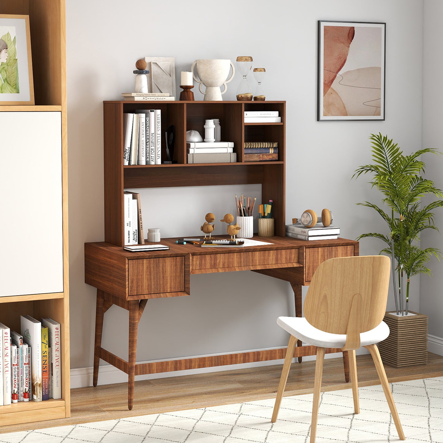 Computer Desktop Bookcase with 4 Cubbies and Open Back Compartment-Black