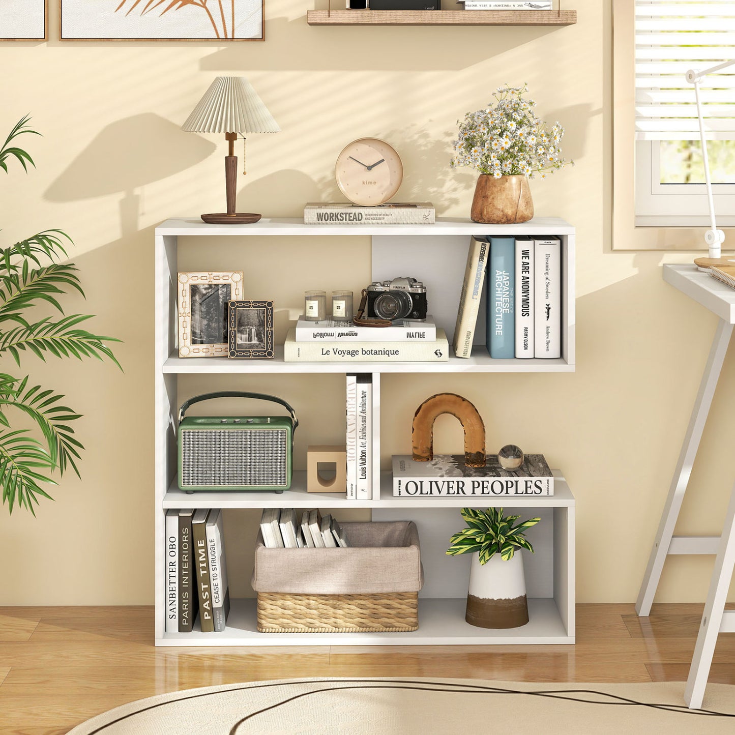 Concave Bookshelf with 3 Open Shelves & Anti-Toppling Device for Living Room-White